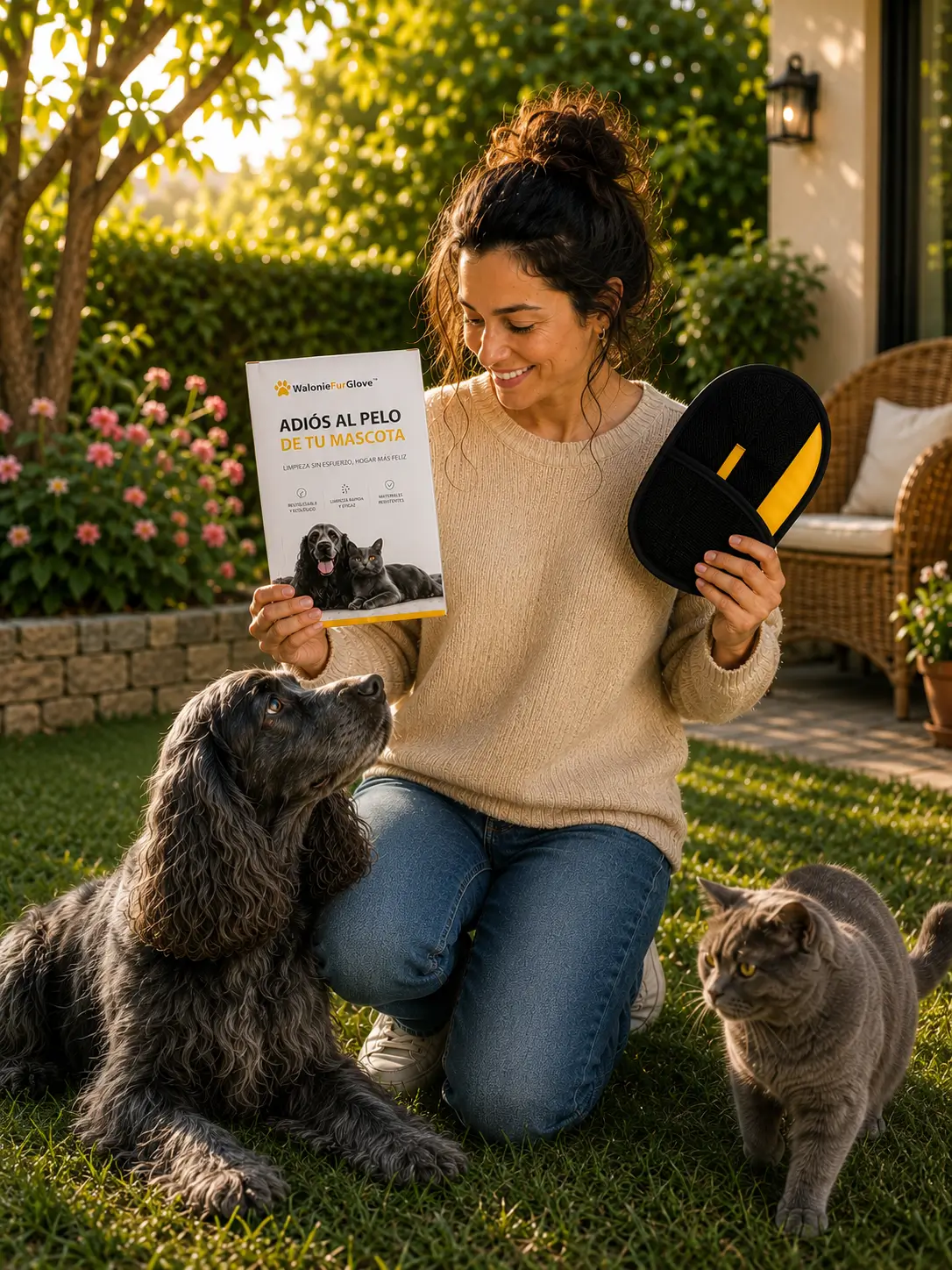 Mujer en el jardín con su perro, gato y el guante Walonie