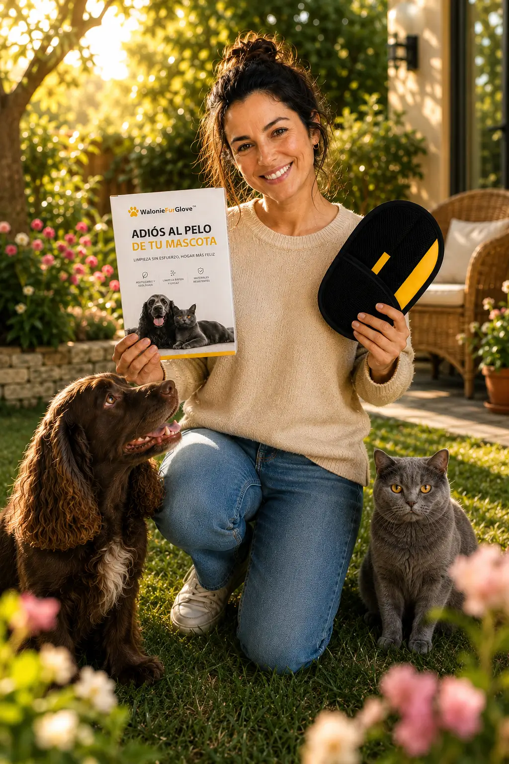 Mujer en el jardín con su perro, gato y el guante Walonie