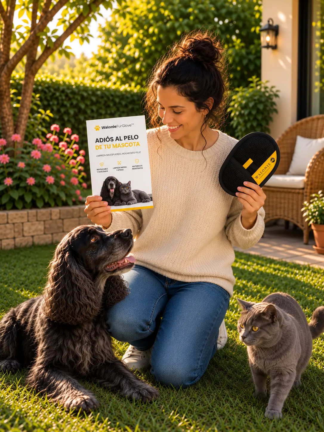 Mujer en el jardín con su perro, gato y el guante Walonie