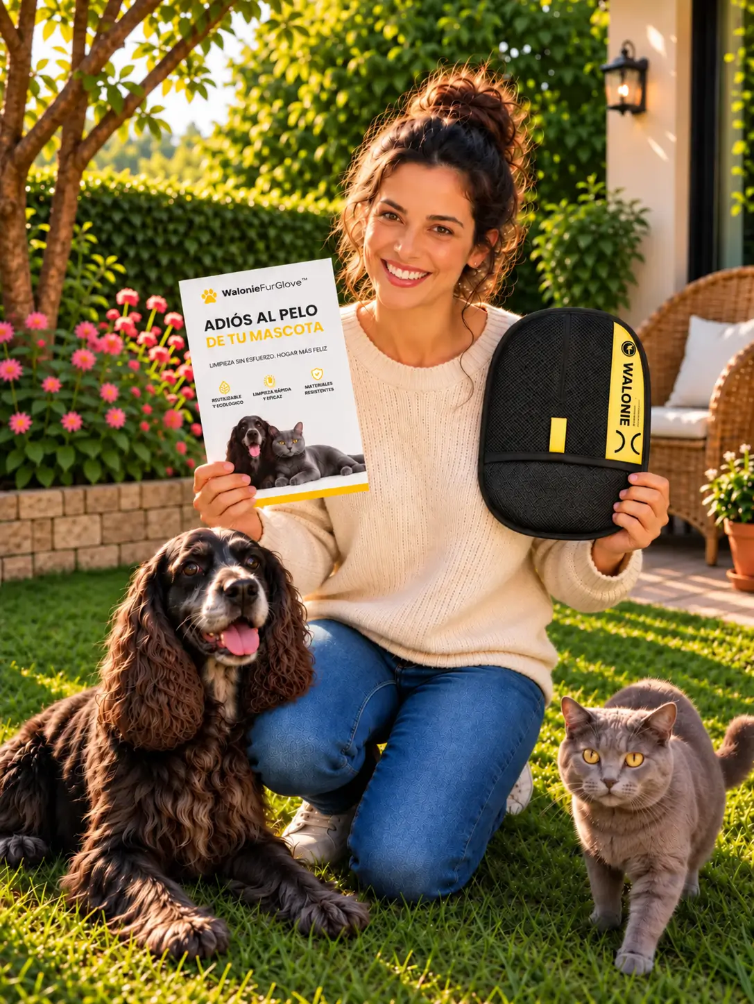 Mujer en el jardín con su perro, gato y el guante Walonie